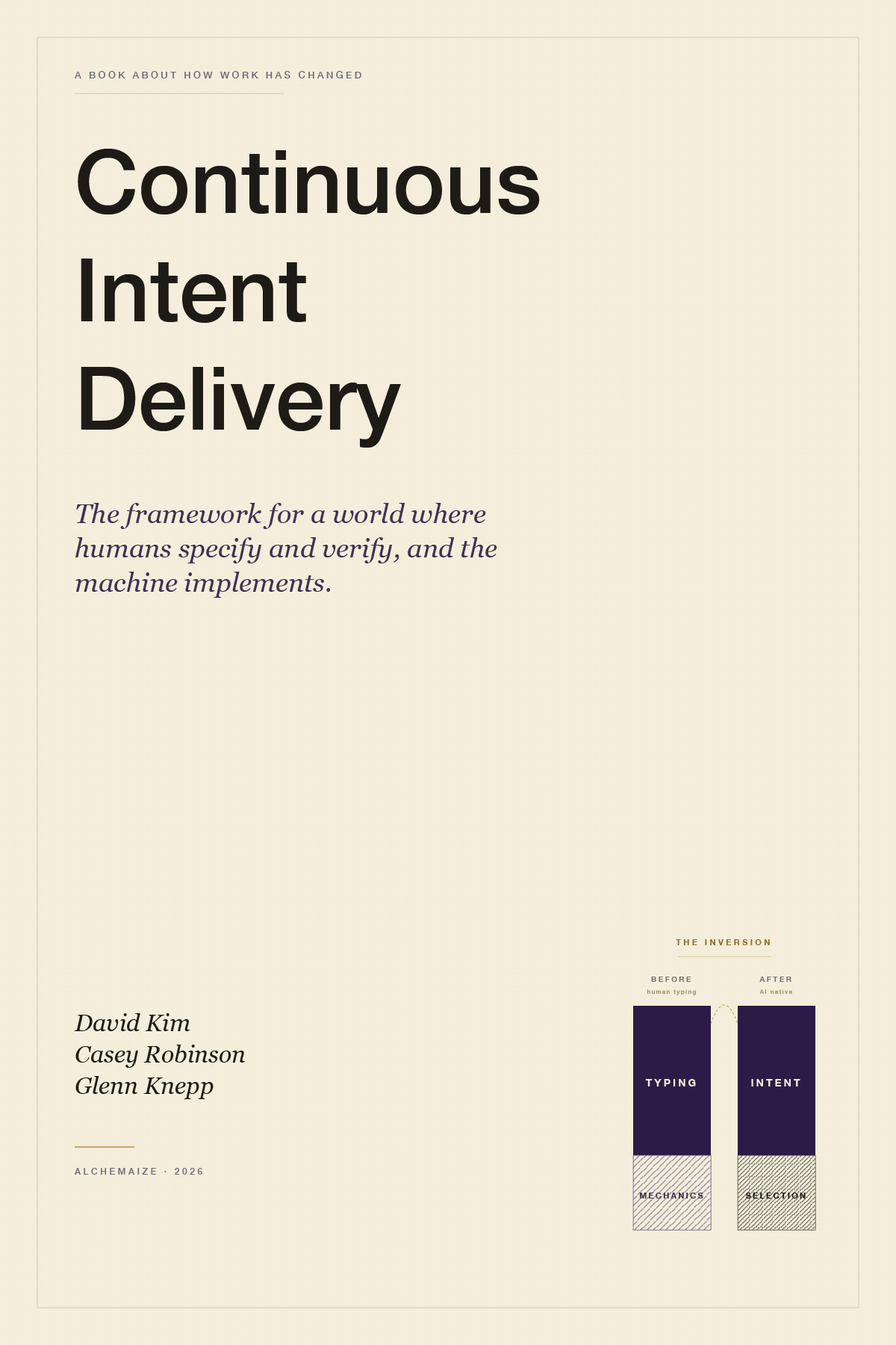 Continuous Intent Delivery book cover - How Software Gets Built When AI Writes the Code, by David Kim, Casey Robinson, and Glenn Knepp